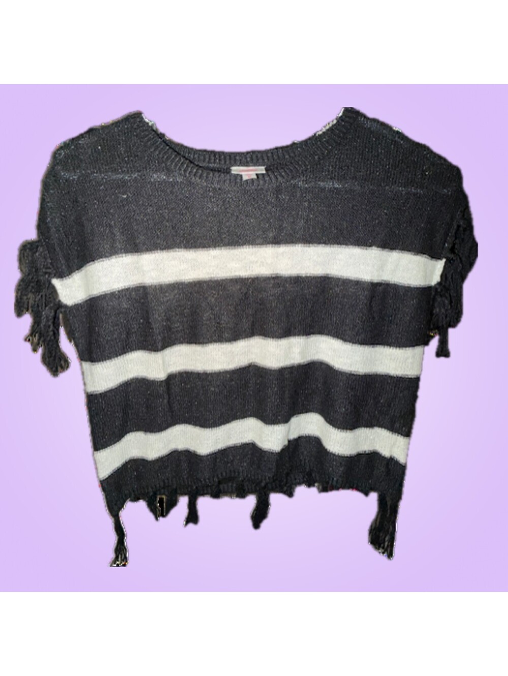 Justice Girls Medium Black White Striped Fringe Poncho Sweater